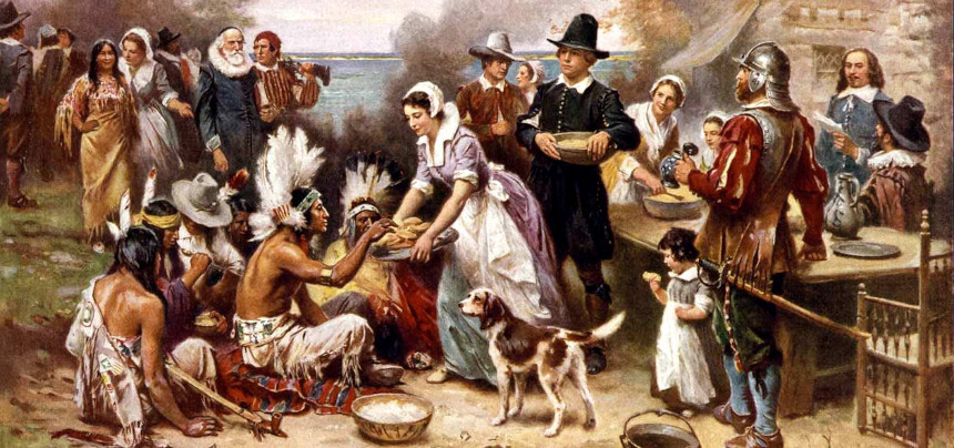 Pilgrims and Native Americans enjoy Thanksgiving Dinner