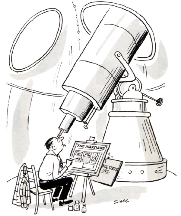 Cartoonist drawing the aliens he sees through a telescope 