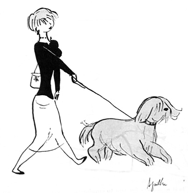 A woman and her dog, who both wear long bangs, go for a walk.