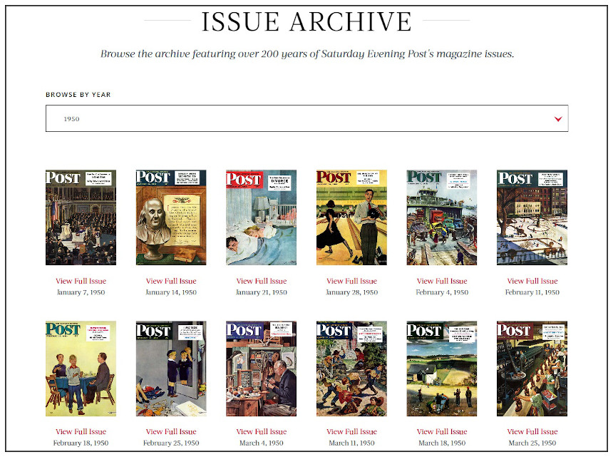 Screenshot of the Issue Archives page from The Saturday Evening Post's website