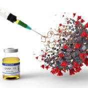 3D computer generated image of a coronavirus being jabbed with a vaccine shot