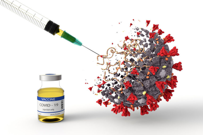 3D computer generated image of a coronavirus being jabbed with a vaccine shot