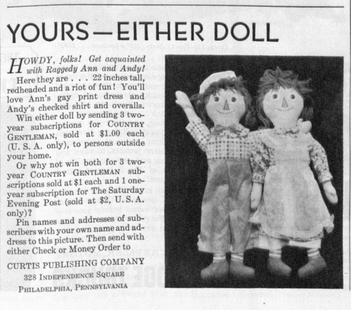 A vintage advertisement for Raggedy Ann and Andy dolls