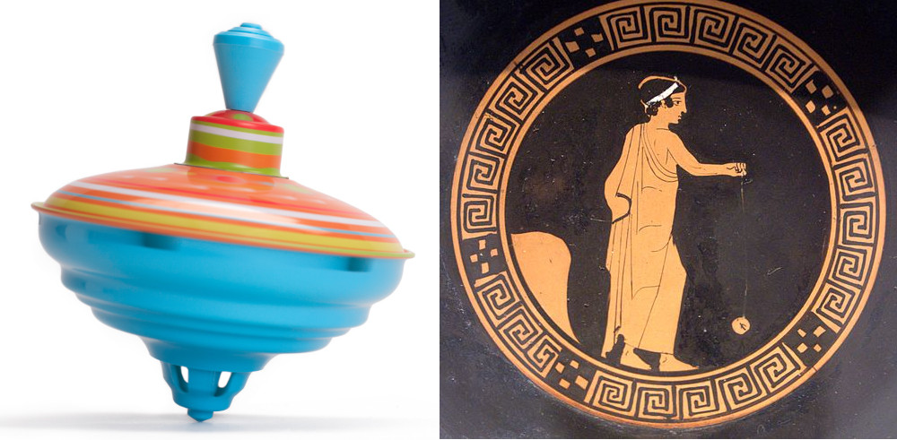 A plastic toy top, and an Ancient Greek painting of a boy playing with a yo-yo