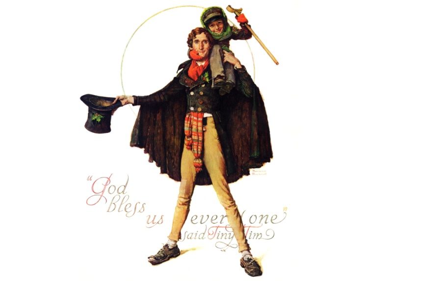 "A Christmas Carol" character's Bob Cratchit and Tiny Tim, drawn by Norman Rockwell