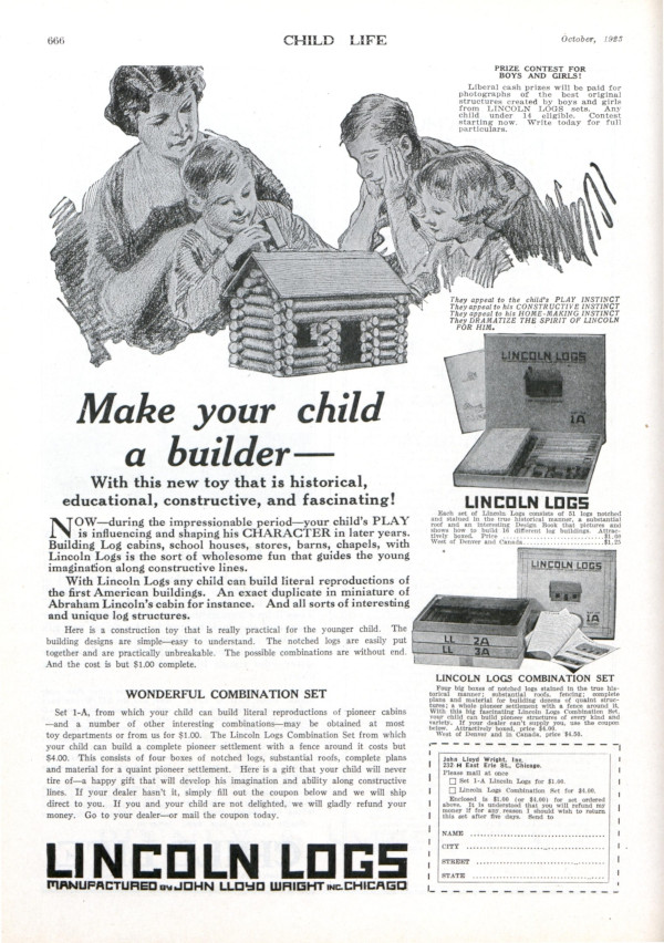 A vintage advertisement for Lincoln Logs, depicting a mother and her children playing with the building toy