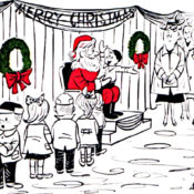 Children in a queue for a mall Santa discusses how he dodges tough questions