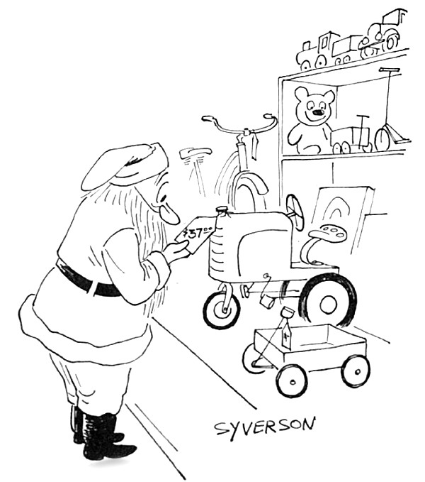 Santa Claus experiences sticker shock at the price of a toy wagon.