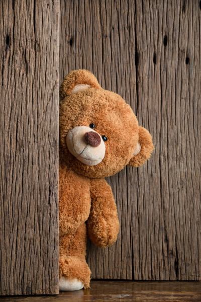 A teddy bear peeking out from behind a door.