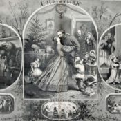 Illustration of Christmas activities featuring figures from 1865 America