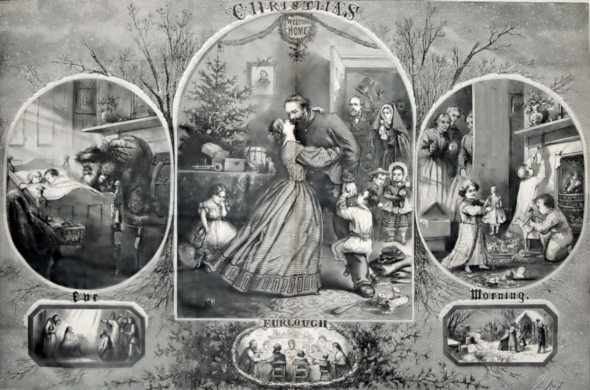 Illustration of Christmas activities featuring figures from 1865 America