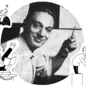 Photo of cartoonist Otto Soglow with some of his creations