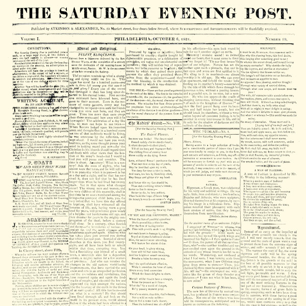 The first page of the October 16, 1821 edition of The Saturday Evening Post