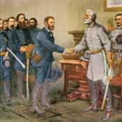 Generals Ulysses Grant and Robert Lee shakes hands after the later surrenders to the former at Appomattox.