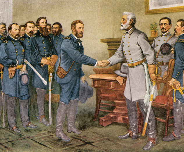 Generals Ulysses Grant and Robert Lee shakes hands after the later surrenders to the former at Appomattox.