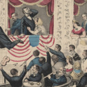 Illustration of John Wilkes Booth escaping from the Ford Theatre box seat where he assassinated president Abraham Lincoln