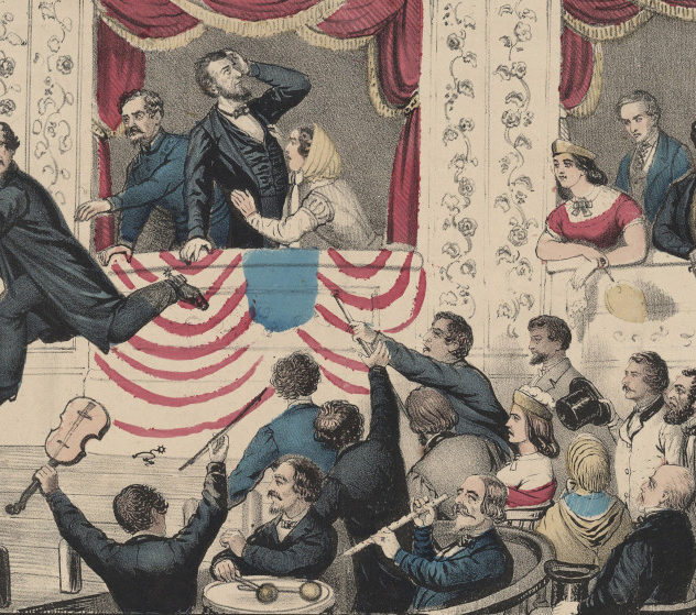 Illustration of John Wilkes Booth escaping from the Ford Theatre box seat where he assassinated president Abraham Lincoln