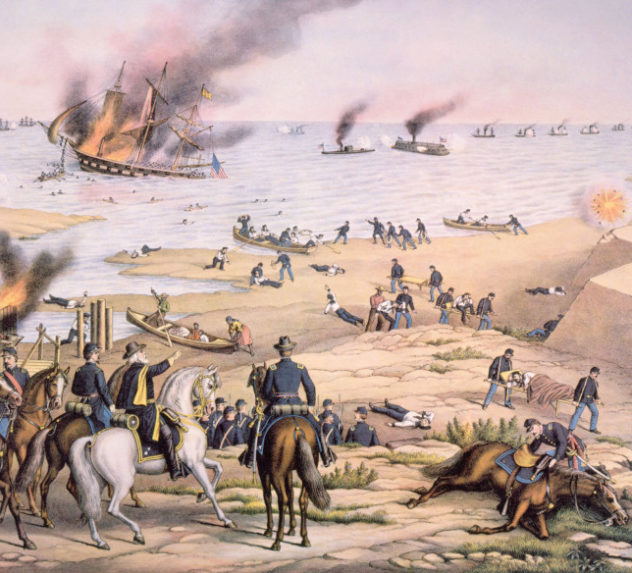 Painting depicting a firefight between the ironclads Monitor and Merrimack during the American civil war