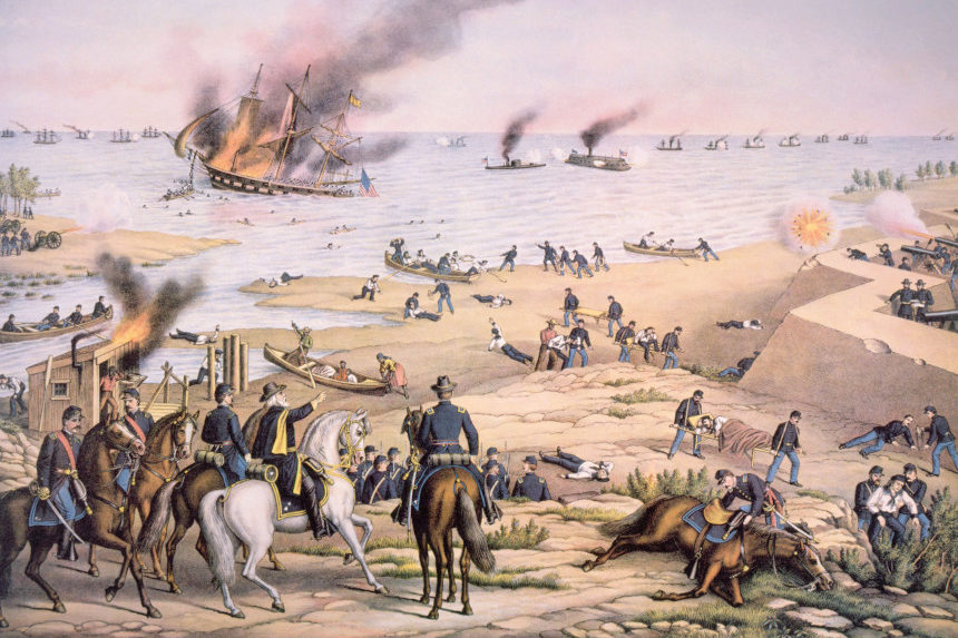 Painting depicting a firefight between the ironclads Monitor and Merrimack during the American civil war
