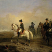 Painting of Napoleon on a horse in the aftermath of a battle