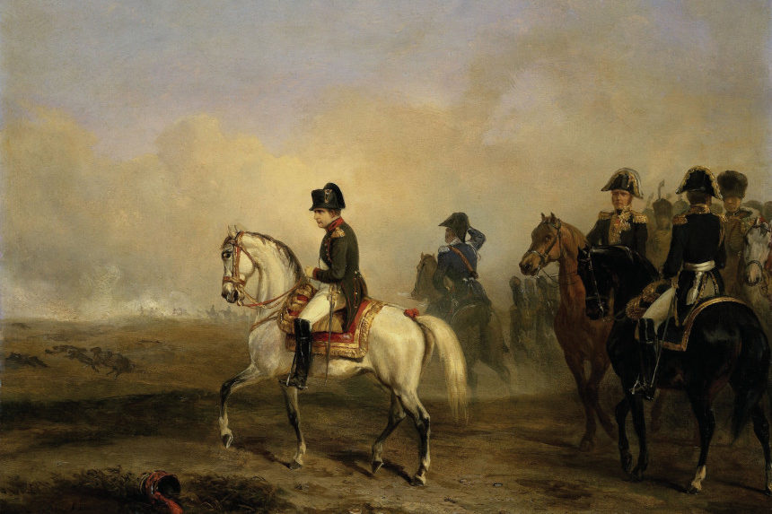 Painting of Napoleon on a horse in the aftermath of a battle