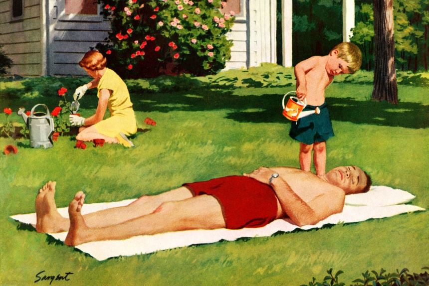 Small boy pouring water onto his sunbathing father