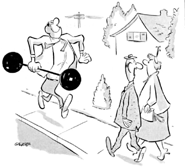 A couple encounters a proud weight-lifter carrying a heavy barbell with ease down the street.