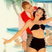 Man leaning in close to a woman in a swimsuit