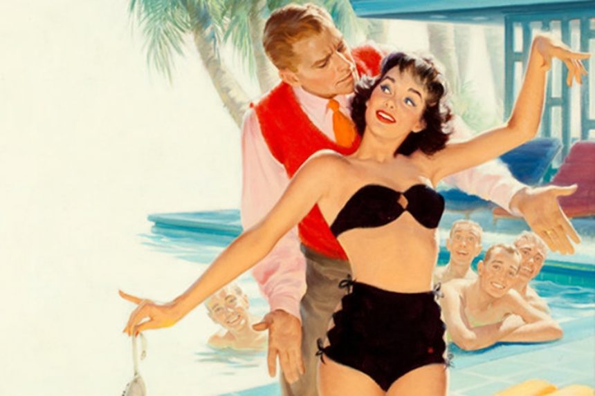 Man leaning in close to a woman in a swimsuit