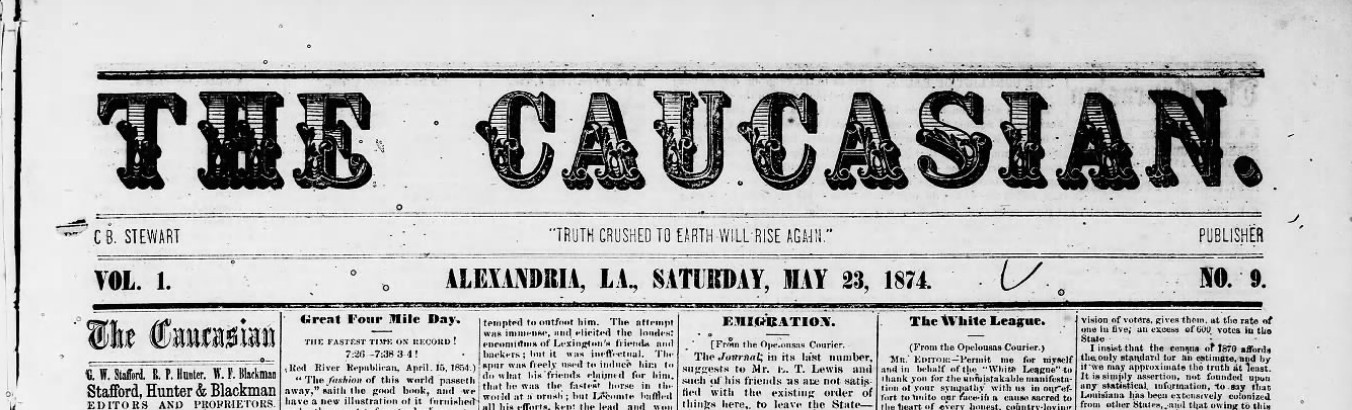 The masthead for the ex-Confederate and White supremacist newspaper, The Caucasian