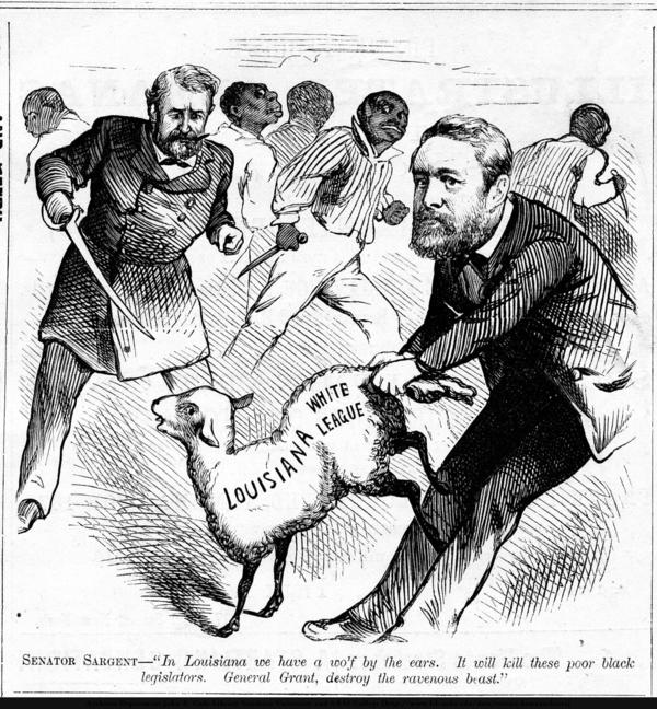 A Harper's Weekly political cartoon that shows President Grant being unable to get a handle on the White League issue in Louisiana
