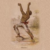 Illustration of an emancipated African slave raising his arms in celebrating his freedom.