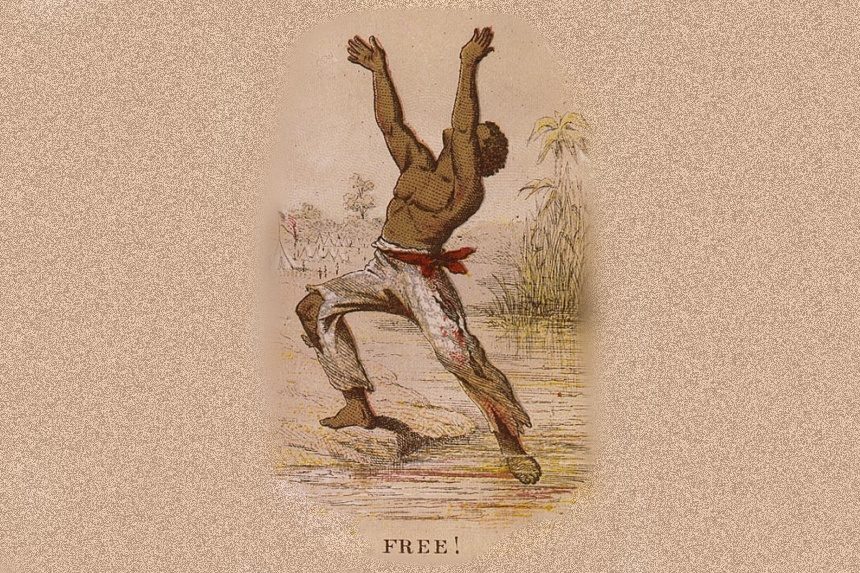 Illustration of an emancipated African slave raising his arms in celebrating his freedom.