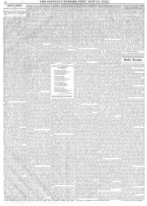 A page from The Saturday Evening Post containing a report about Elizabeth Blackwell from the Saturday Evening Post