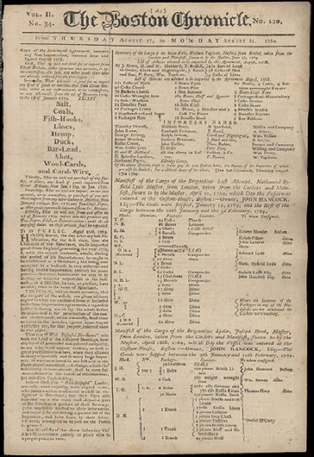 A copy of a 1768 edition of The Boston Chronicle that has a non-importation agreement