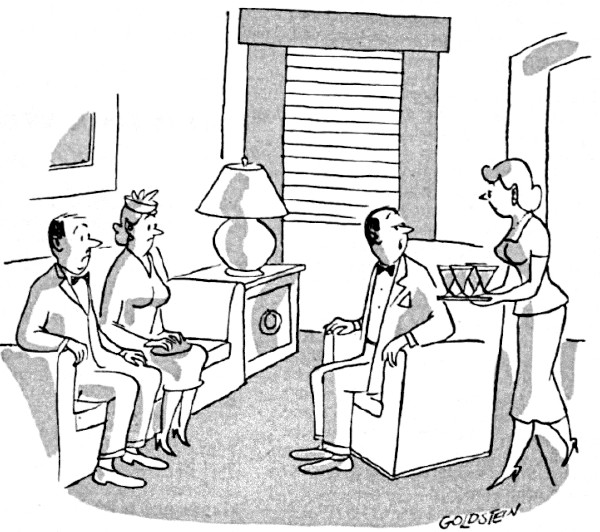 A party's host tells his wife to call another couple over because he is having a dull conversation.