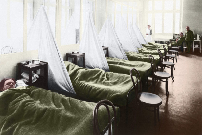 Patients in a U.S. Army influenza ward during the 1918 flu pandemic