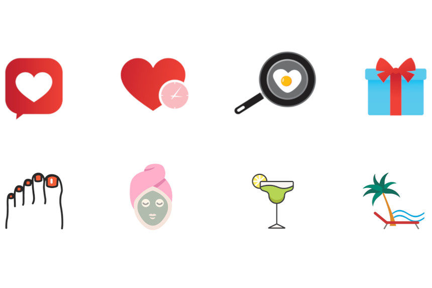 Various icons associated with a Valentine's Day vacationm