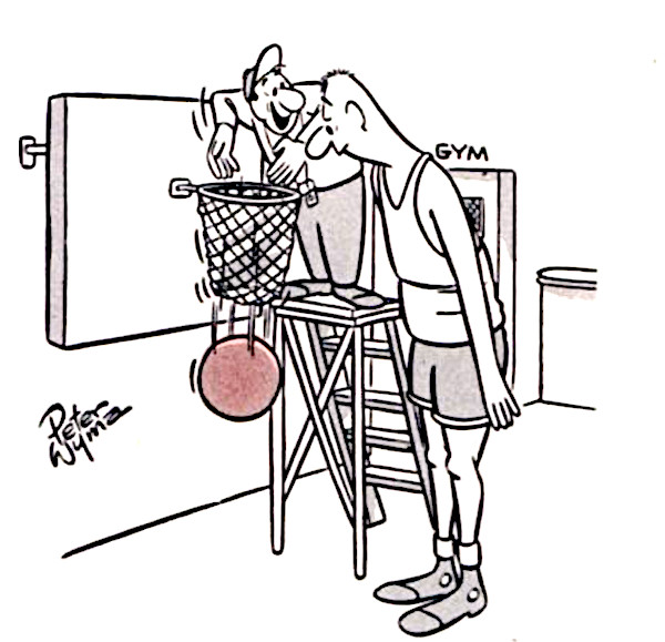 Basketball coach on a step ladder demonstrating to his player where the ball goes.