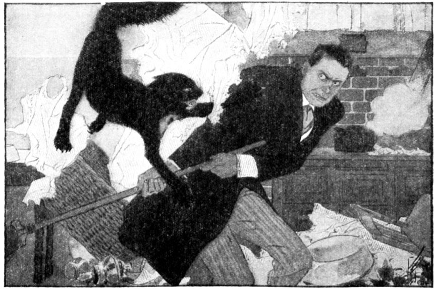 Man attempting - and failing - to swat a cat with a broom.