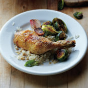 A plate of Roasted Chicken and Brussels Sprouts with Rice Pilaf