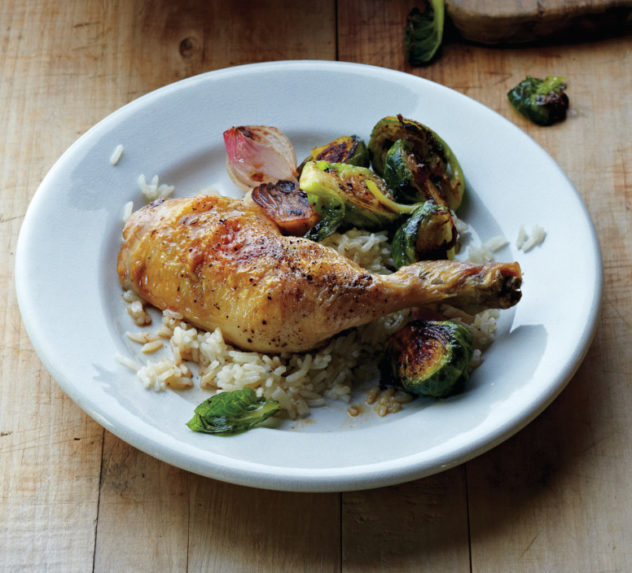 A plate of Roasted Chicken and Brussels Sprouts with Rice Pilaf