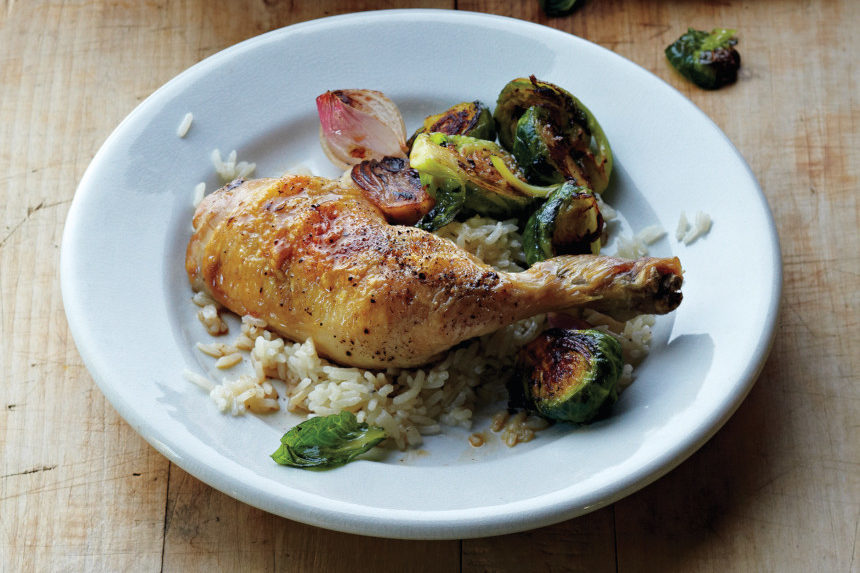 A plate of Roasted Chicken and Brussels Sprouts with Rice Pilaf