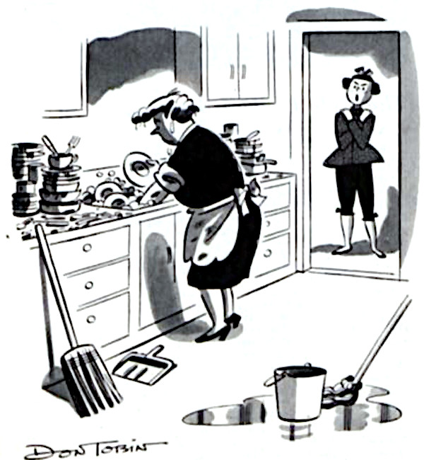 A teenage girl enters the kitchen where her mother is busy cleaning.
