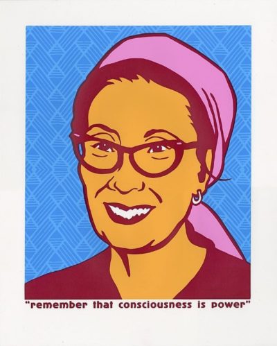 An illustration of Yuri Kochiyama with the message "Remember that consciousness is power"