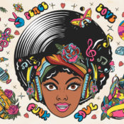 Illustration expression concepts of 1960s soul and funk music. It features rainbow colored butterflies, peace symbols and a young Black woman whose hair resembles a vinyl record.