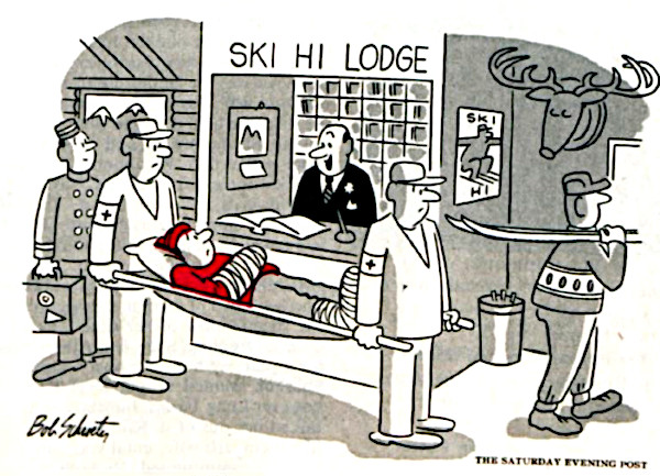An injured skier on a stretcher checks out of the lodge.