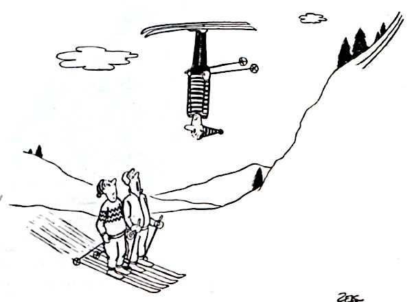 Two men comment on a skier who jumps off a slope upside down.
