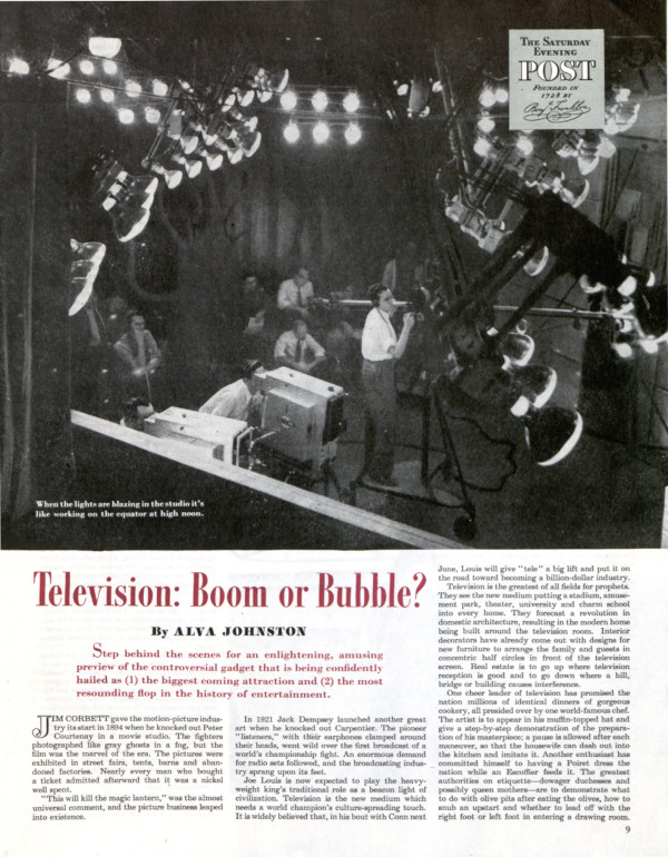 The first page of the article "Television: boom or bust" as it appeared in the Saturday Evening Post. This image links to the full article.