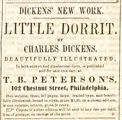 Advertisement for Charles Dickens' Little Dorrit when the book was first published,